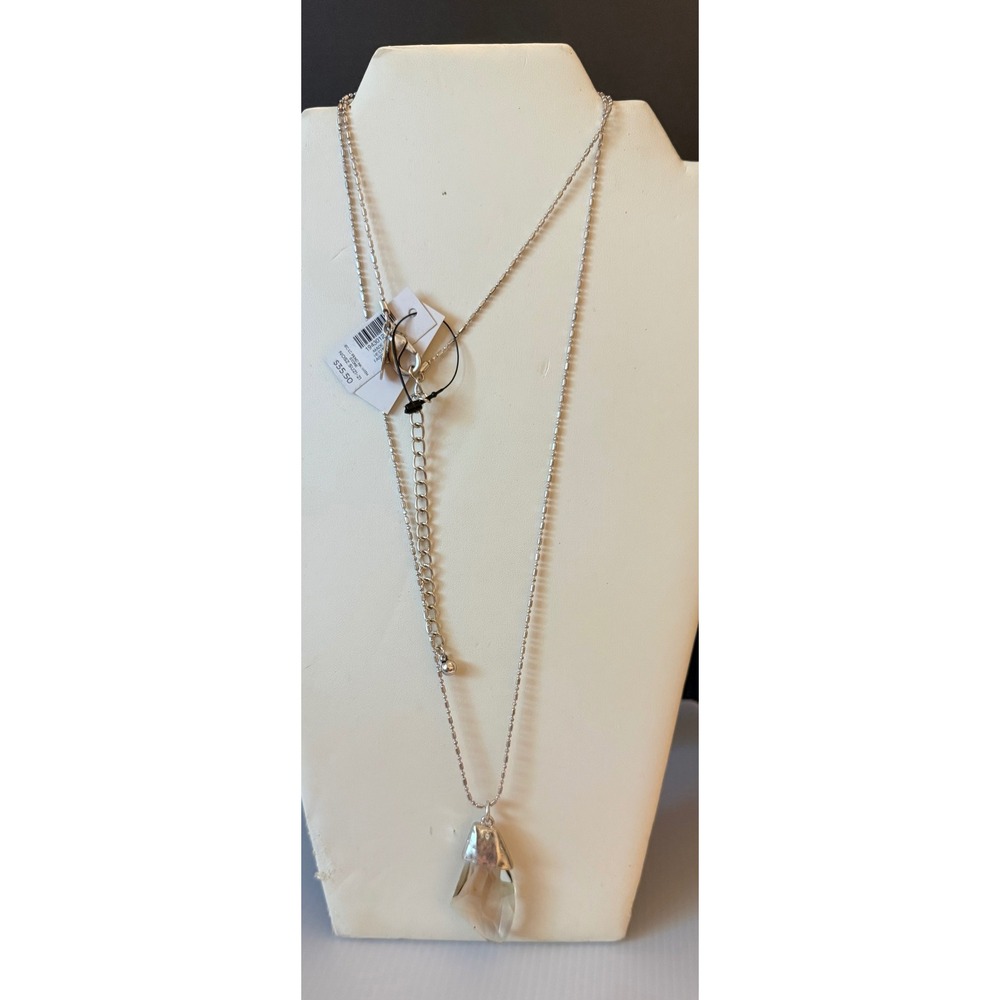 Chicos Womens Necklace Silver Smoky Stone Pendant Long Adjustable Chic Boho NEW